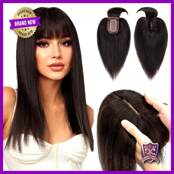 Human Hair Topper with Bangs Silk Base 3D 360° Coverage Clips for Thinning